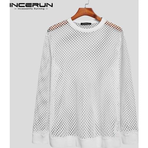Men Mesh T Shirt Round Neck Streetwear Long Sleeve See Through Sexy Casual Men Clothing 2021 Solid Color Camisetas 5XL INCERUN 7