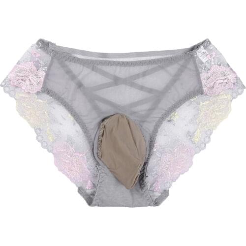 Mens Panties See-through Mesh Briefs Sissy Embroidered Underwear Sexy Bulge Pouch Briefs Hollow Out Cross Low Rise Underpants