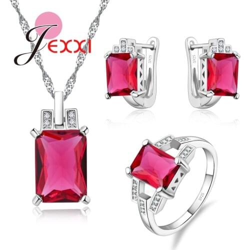 Newest Rectangle Cut Cubic Zirconia Stone Jewelry Set 925 Sterling Silver Necklace & Earrings & Ring Sets For Women