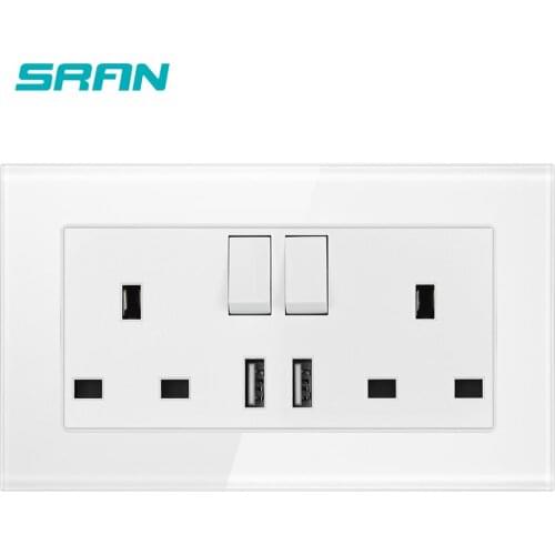 SRAN UK standard USB wall Sockett with switch,13A 250V Crystal glass panel 146mm*86mm power socket