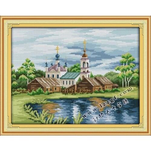 48*38 Needlework,DIY DMC Cross stitch,Set For Embroidery kit, View in River Side Cottage Scenery Patterns Cross-Stitch,Painting