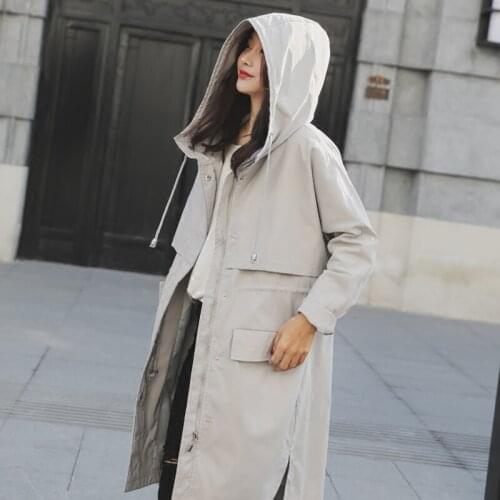 Spring Autumn Black Red Women Coat 2021 Plus size New Korean Casual Female Loose Hooded Windbreaker All-match long Trench Coat