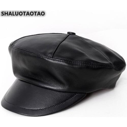 SHALUOTAOTAO Autumn Winter Fashion sheepskin Military hats For Men Women Elegant Snapback Genuine Leather Hat Unisex Flat Cap