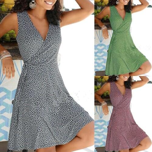 Chiffon Ladies A-Line Sleeveless Dress Polka Dot Printed Beach Dress For Summer V Neck Sexy 3 Color Fashion Female Sundress D30