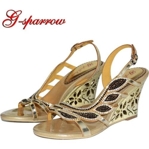 Gold Rhinestone Women Sandals Wedge Heel Wedding Party Pumps Beach Holiday Shoes Lady Dress Heel Plus Size 11