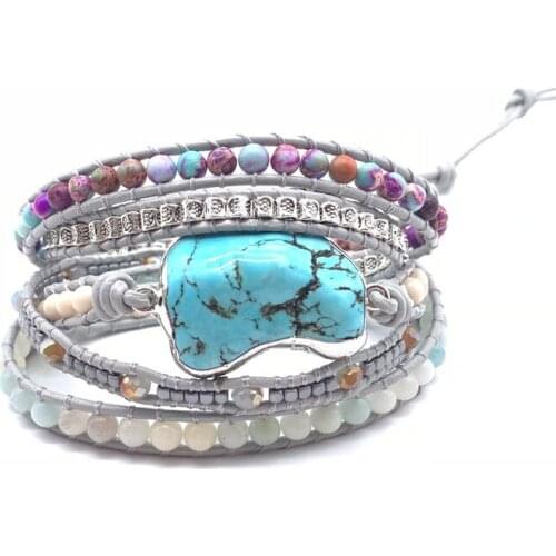 Vintage Leather Wrap Beaded Bracelet blue natural Stone Boho Ethnic Jewelry Bohemian bead Bracelets Valentines Gift wholesale
