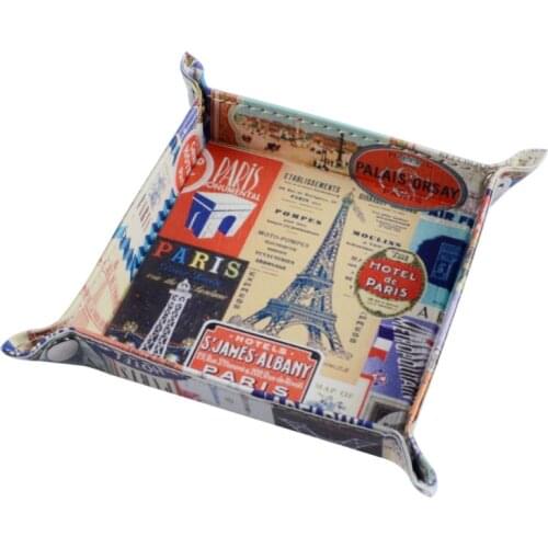 LINKWELL 1PC Vintage Paris City Eiffel Tower Stamp Retro PU Leather Mens Catchall Change Key Wallet Coin Box Storage Tray Valet