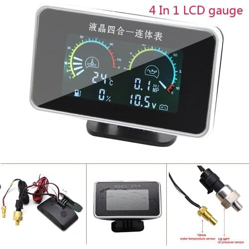 Waterproof Digital LCD Gauge 4 In 1 Digital Gauge Water Temp Gauge with Sensors Fuel Oil Pressure Gauge 1/8 NPT Voltmeter
