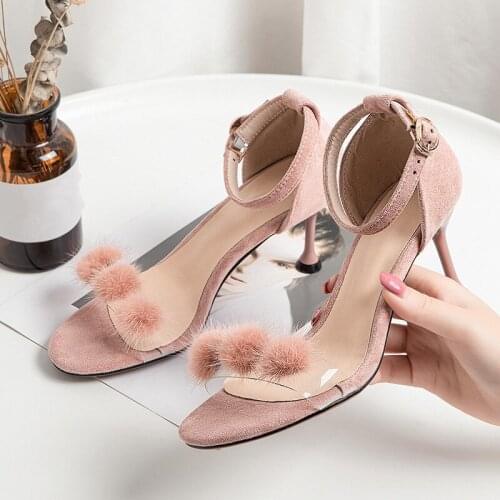 YQBTDL Fashion Sexy High Heels Sandals Womens Shoes Summer Pink Black Faux Fur Ball Design Flock Ankle Buckle Ladies Sandal 2020