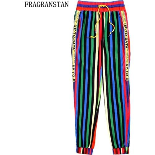 2018 Women Summer Fashion Colorful Stripes High Waist Harem Pants Female Casual Loose Hollow Out Elastic Waist Long Pants LY345