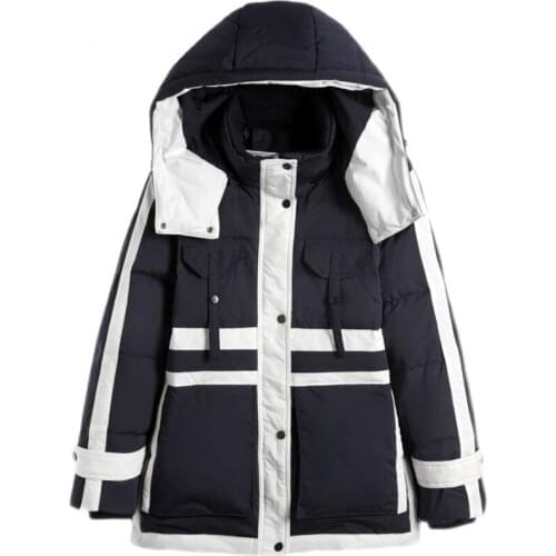 Winter Women Splicing Colour Hooded Down Jacket 90% White Duck Down Parkes Thickening Windbreak Warm Coat Loose Outwear
