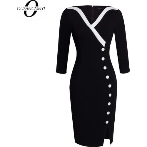 Autumn Womens Casual Patchwork Elegant Vintage Buttons Sheath Office Work Business Pencil Dress EB335