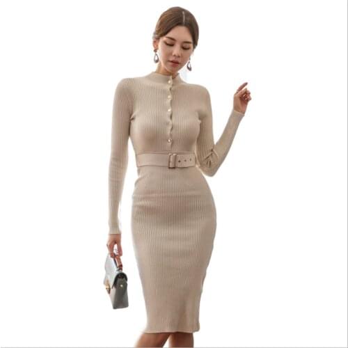 2021 fall/winter OL Knit dress temperament goddess single-breasted hip sweater dress slim midi skirts