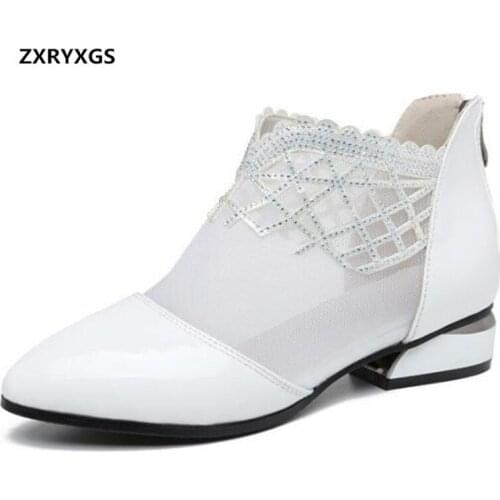 ZXRYXGS Cowhide Mesh Pointed Rhinestone Shoes Fashion Sandals Comfort Low-heeled Shoes Woman Sandals Large Size Leather Sandals