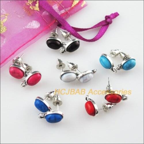 12 New Oval Mixed Stone Findings Wire Earrings Hooks Tibetan Silver 7x12mm