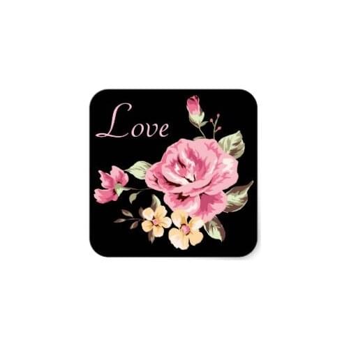 3.8cm Pink Rose Flowers Black Floral Love Stickers
