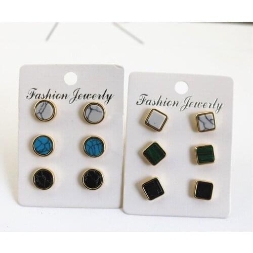 3 pairs per card geometric green color white stone stud earrings 2018 hot gorgeous clothing accessories factory direct sales