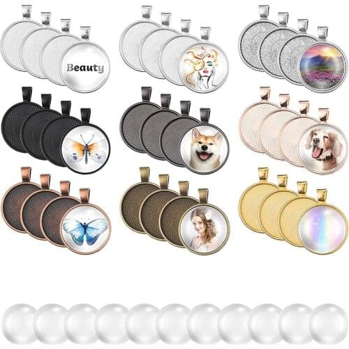 72 Pcs Sublimation Pendant Trays Set, 36 Pieces 9 Colors Round Bezel Blanks With 36 Transparent Glass Cabochons