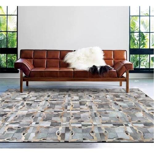 American style gray geometric cowhide skin fur patchwork rug natural fur carpet for living room decoration villa carpet
