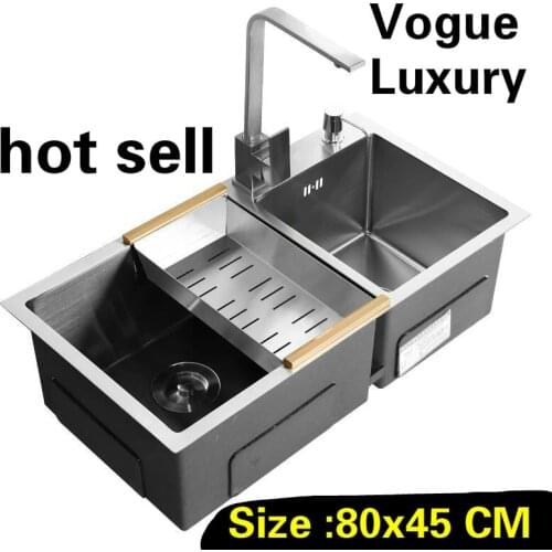 Free shipping Apartment luxury wash vegetables 304 stainless steel big kitchen manual sink double groove hot sell 800x450 MM