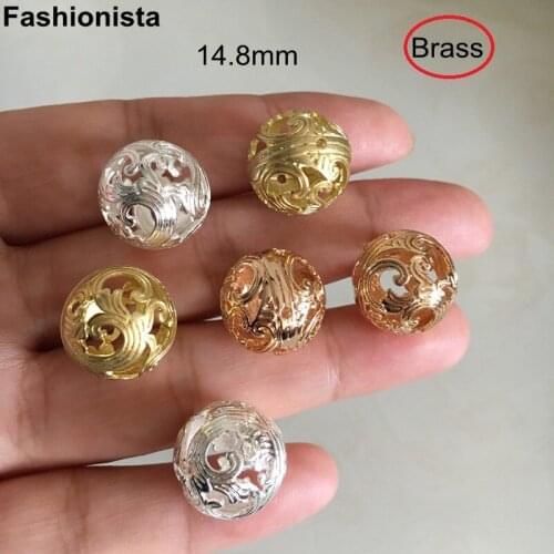 10 pcs -Large Round Beads 14.8mm Brass Hollow Gold/Silver/Raw Brass Metal Filigree Loose Beads Wave Pattern Brass Beads -M