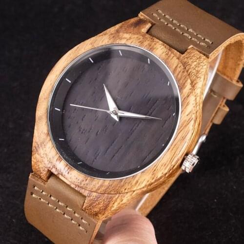 Genuine Leather Vintage Zebra Wood Men Watch Black dial Wooden Bamboo Wrist Watch Mens Sports Quartz Watch Male Casual Clock