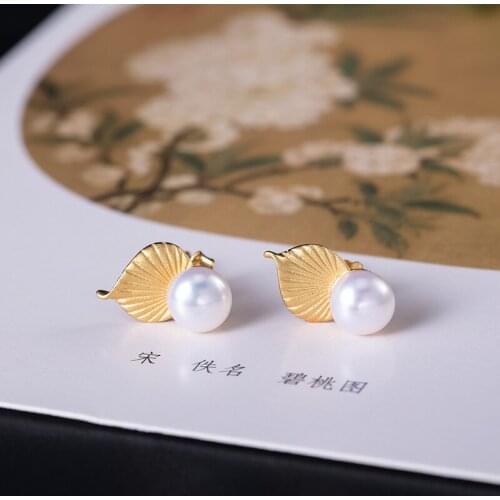 Coeufuedy Real Freshwater Pearl Retro Leaf Stud Earrings for Women Real Silver 925 Jewelry Earring 2021 New