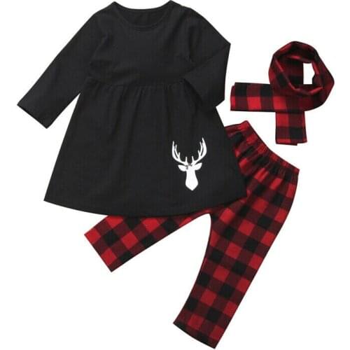 Baby Spring Autumn Clothing Newborn Kid Baby Girl Deer Long Sleeve Tops Dress+Plaid Pants+Headband Outfits Clothes 1-6T