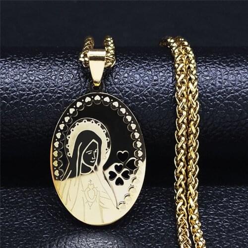 Double Layer Stainless Steel Virgin Mary Pendant Necklace Women/Men Gold Color Long Statement Necklace Jewelry collier N6005S02