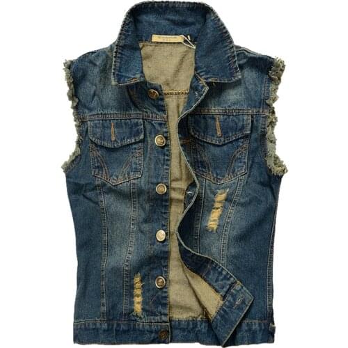 Ripped Jean Jacket Mens Denim Vest 5XL 6XL Jeans Waistcoat Men Cowboy Brand Sleeveless Jacket Male Tank Top JA335