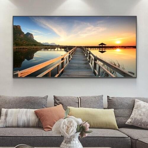 Sunsets Bridge Wooden Lake Landscape Posters and Prints Canvas Painting Cuadros Scandinavian Wall Art Picture for Living Room
