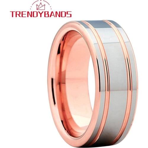 8MM Rose Gold Tungsten Carbide Rings For Men Women Wedding Band Two Grooved Polished Shiny Comfort Fit
