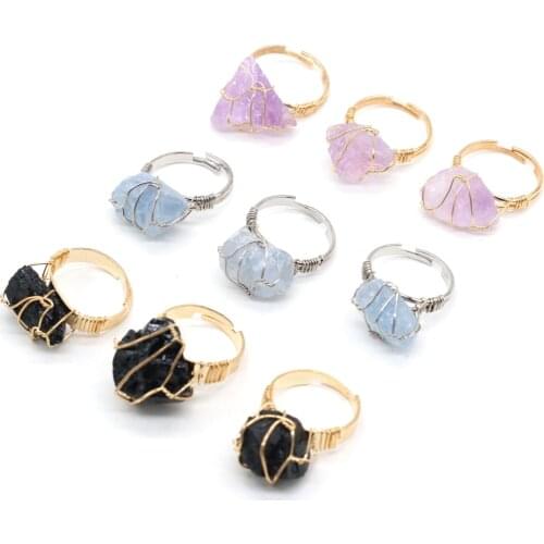 Natural Stone Crystal Rings Women Irregular Wire Wrap Healing Druzy Agates Gold-color Resizable Finger Ring Jewelry Wholesale