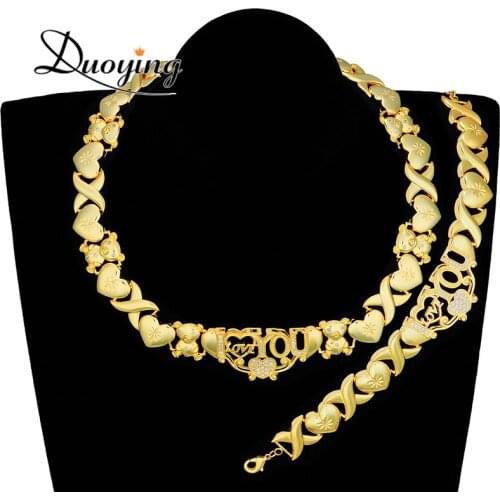 DUOYING Heart Charm Letter Choker Zircon Pave Necklaces I Love You Crystal XOXO Necklace Bubble Pendant Necklace Jewelry Set