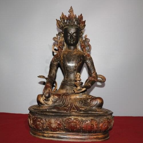 19"Chinese temple collection Old Bronze Cinnabar Lacquer Vajra Bodhisattva Guanyin Bodhisattva Sitting Buddha Ornaments