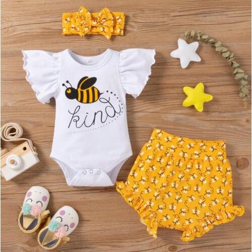 Infant Baby Girls Bee Cartoon Print Ruffle Flying Sleeve Romper Shorts Bow Headband Summer Clothing Babys Sets