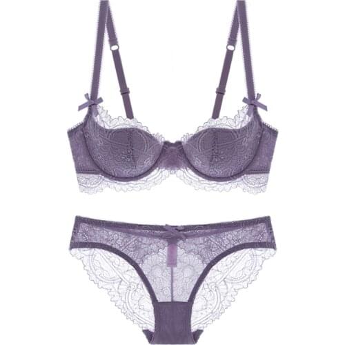 Full lace intimates 70-85 A-E cup sexy thin cup underwear set transparent women dress bra and panty set 4 colors big size