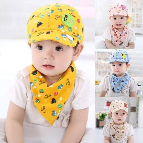 2PCS Hot Sale Baby Boys Girls Kid Hats And Girls Cartoon Hat + Infant Pinafore Bib Set Outfit Print Peaked Baseball Beret Cap