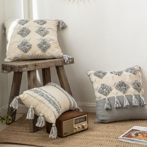 LISM Moroccan Style Cushion Cover Tuft Tassels Handmade Neutral Decoration Pillow Cover For Sofa Bed Grey Ivory Diamo