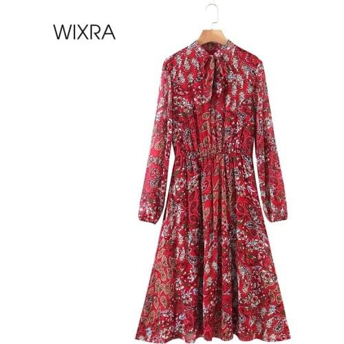 Wixra A Line Dresses Floral Print Womens Lace Up Collar Long Sleeve Empire Mid Calf Clothing Street Style 2021 Spring Summer