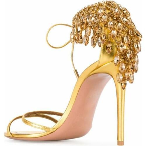 Summer Bling Rhinestone Back Cover Heel Wedding Sandal Women Diamond Crystal Pumps Gladiator Strappy Lace Up High Heels Shoes