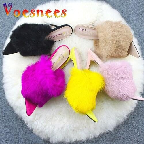Fashion Rabbit Hair Women Slippers 12CM Sexy Pointed End Nightclub Slides Sandals Pure Colour Summer High Heel Shoes Big Size 43