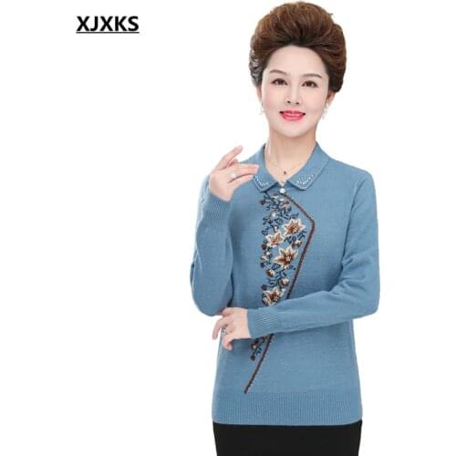 XJXKS Fashion lapel diamond-studded sweater women pullover 2021 autumn winter new loose plus size women wool knitted sweater