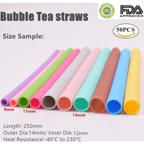 Boba tea Silicone Straws Extra Wide 14mm Reusable Straws 50pcs FDA Smotthie drinking Flexible Straws Party Bar accessories