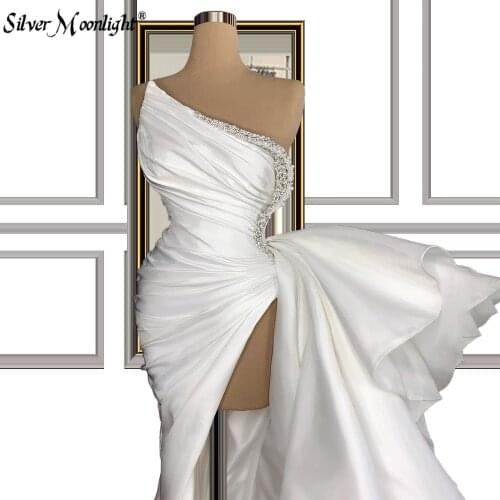 Muslim White Evening Dresses One Shoulder Pleated Elegant Formal Evening Gowns Crystals Prom Dresses Women Party Night Robes