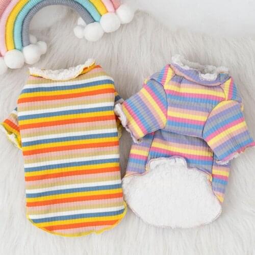 Thicken Dog T-shirt Cute Color Stripes Dog Clothes Winter Cat Yorkshire Pomeranian Clothing Puppy Outfit Poodle BIchon Pet Shirt