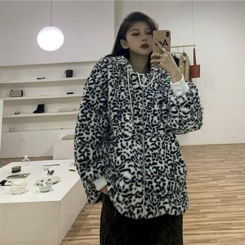 Thickened Hooded Jackets Female Imitation Lamb Velvet Korean Ins Retro Leopard Print Plus Size Autumn Winter Loose Warm Coat