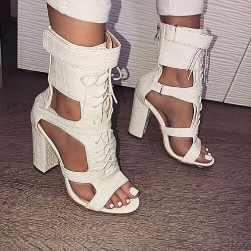 Sestito High Quality Woman White Cut-outs Peep Toe Gladiator Sandals Boots Ladies Fashion Chunky Heels Stone Pattern Ankle Boots
