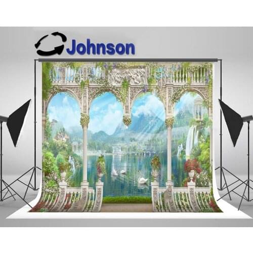 Column White Arch Mountains Swans Modular Panno River backdrops High quality Computer print wedding background