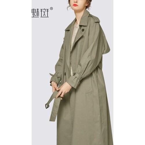 Charm spot loose long large size trendy grey green windbreaker new style in autumn 2021 suit collar blouse women